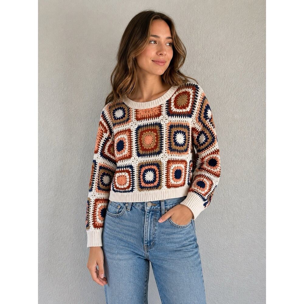 American Eagle Crochet Sweater XS GUC Cream Granny Square Boho Crop Knit - Picture 1 of 8